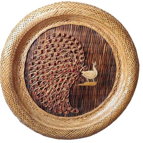 SET OF TWO Vintage 1970s Wicker Peacock Wall Hanging Boho Rattan Woven Art - Picture 2 of 13